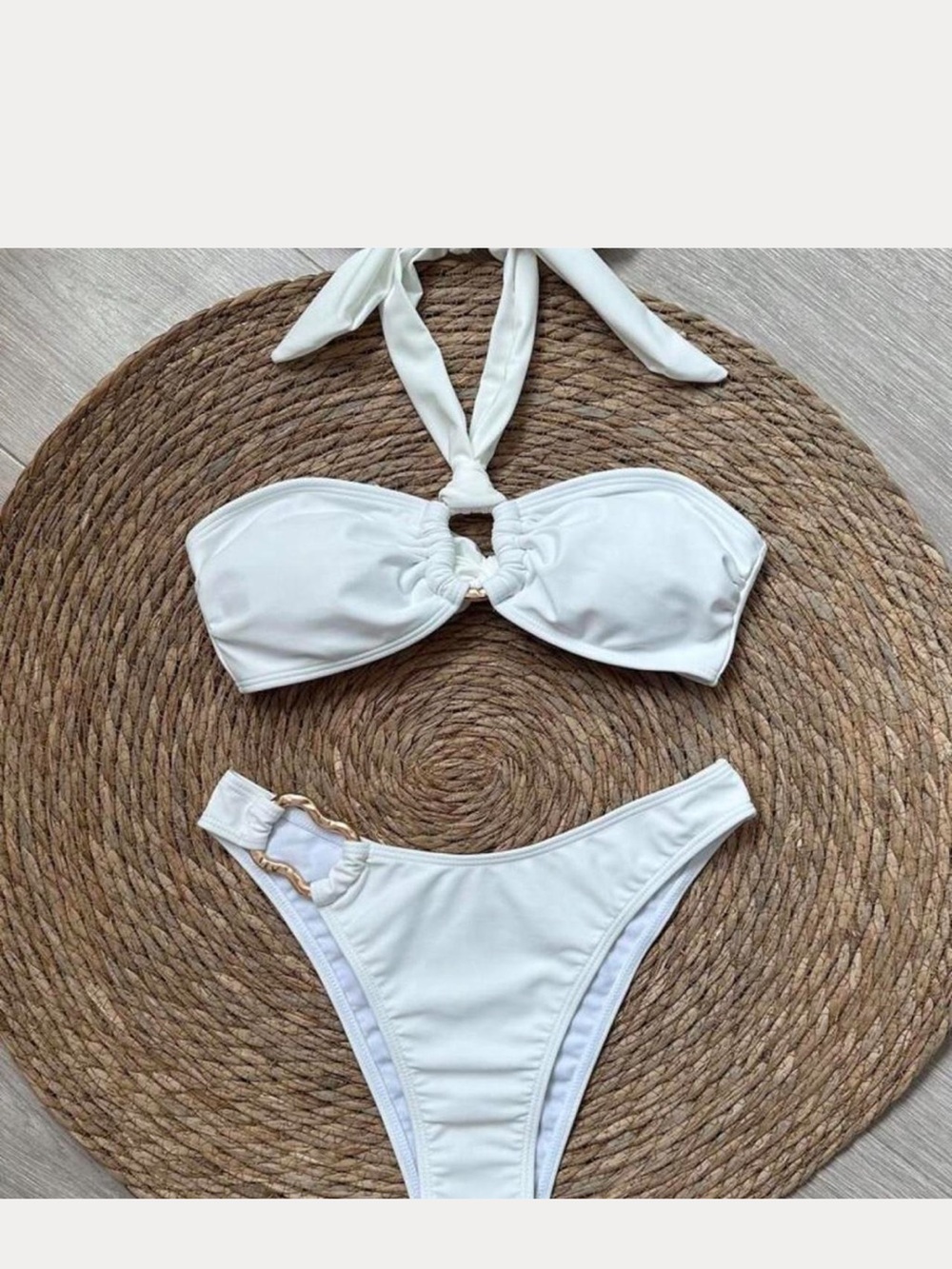 White Halter Bandeau Bikini Set with Ring Detail